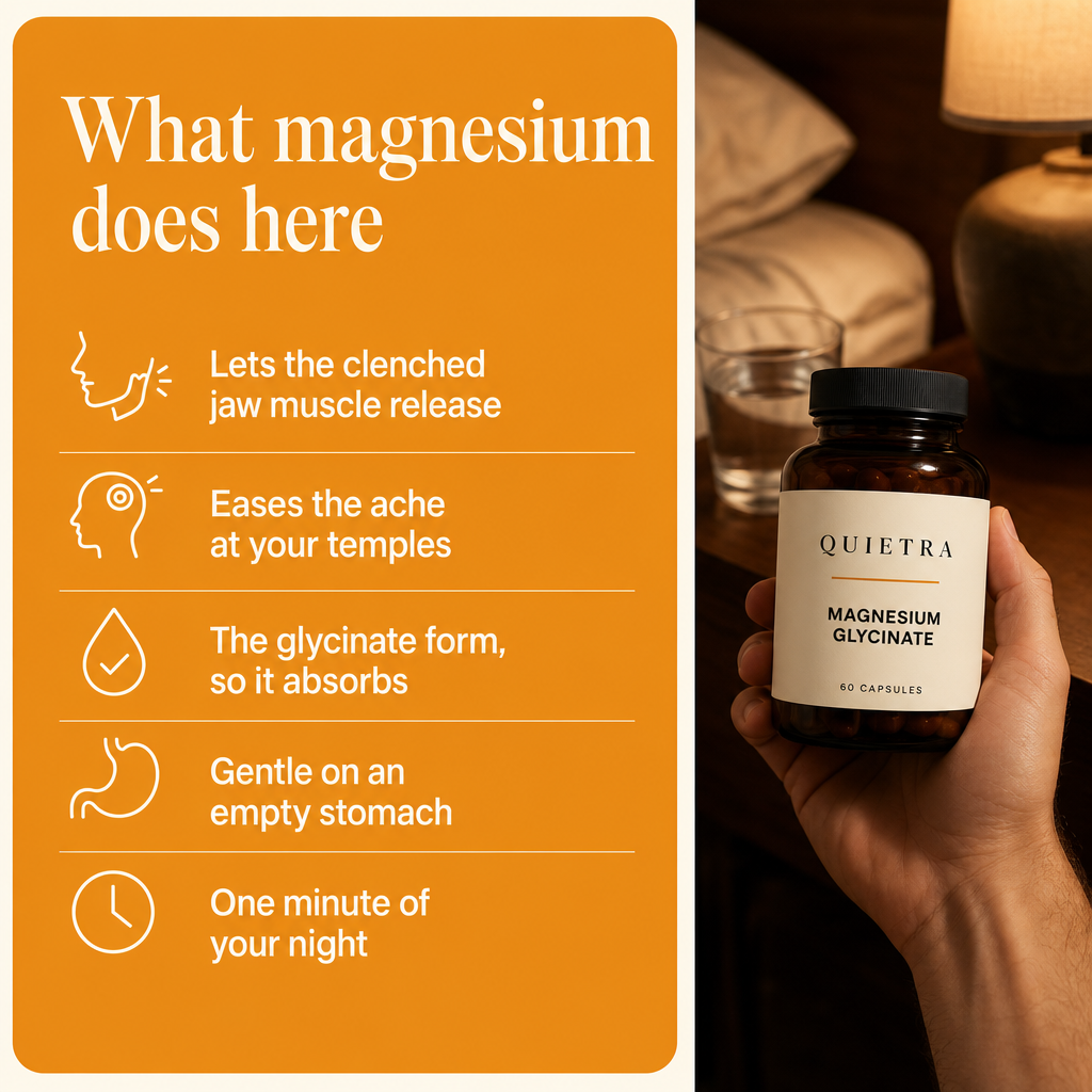 What magnesium does here: releases the clenched jaw muscle, eases the ache at your temples