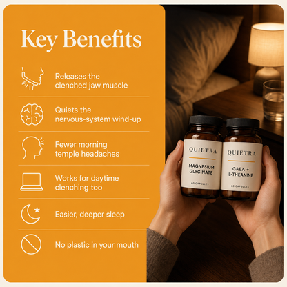 Key benefits: releases the clenched jaw muscle, quiets the nervous-system wind-up